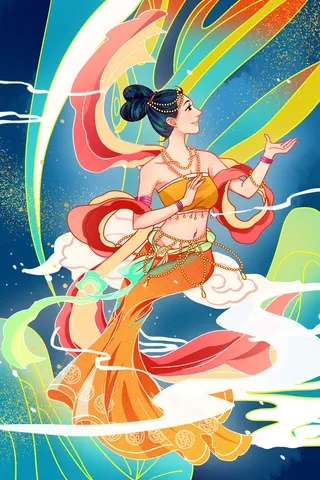 复古中国风国潮神话人物敦煌插画仙女手绘海报背景PSD设计素材