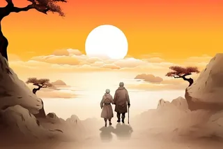 老人行走大气水墨背景