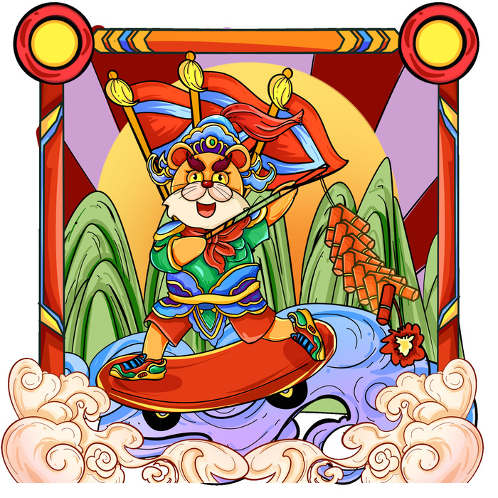 2022虎年吉祥物卡通公仔小老虎形象设计福字元素手绘插画psd素材