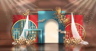 红蓝色中式传统婚礼迎宾区效果图