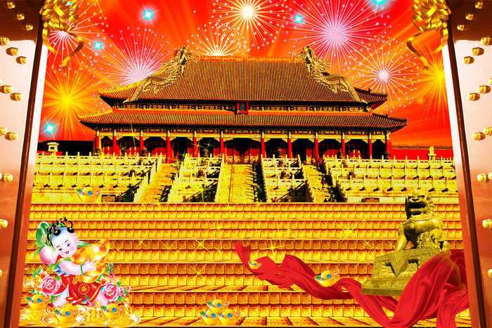 故宫天门狮子红色背景psd模版下载