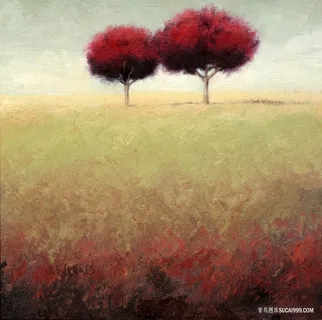 草地树唯美油画风景画
