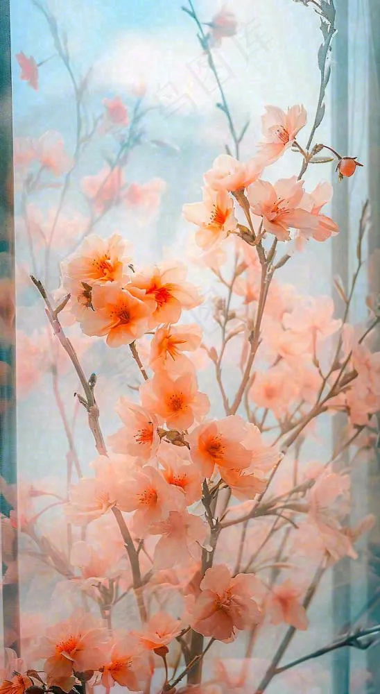 春天窗台橙色渐变鲜花，朦胧枝叶，春节立春(816x1488)