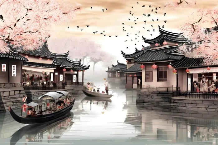 江南水乡水墨画插画海报素材背景(5376x3584)