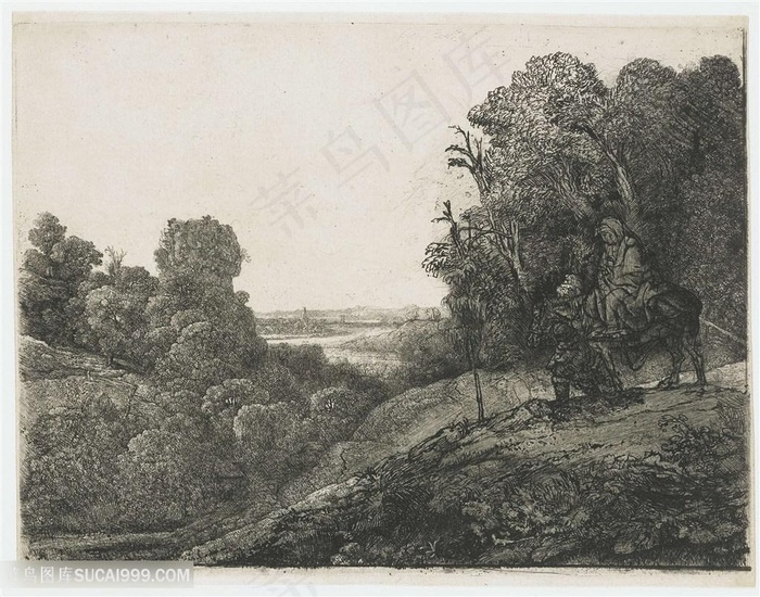 伦勃朗素描素描树林山脉美景装饰画