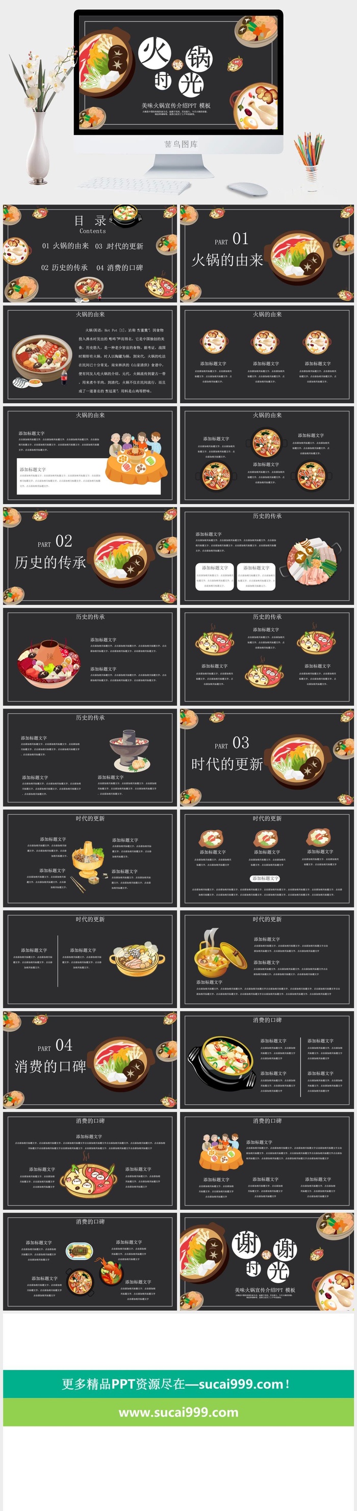 国潮美食餐饮PPT模板中华美食火锅烤串海鲜加盟宣传