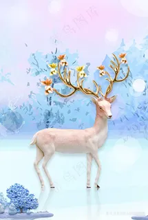 麋鹿唯美树林风景画插画 麋鹿唯美树林风景画插画