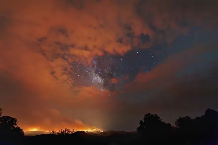 夜晚星空与森林大火等摄影高清图片