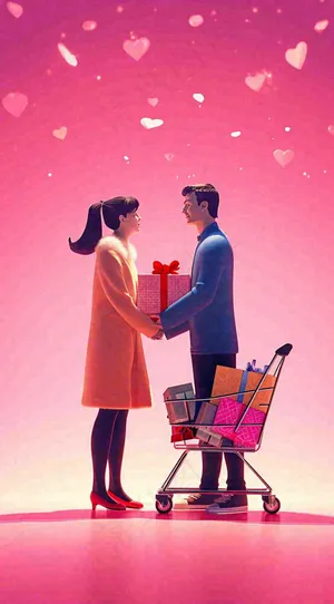 爱心购物车礼物浪漫粉色手推车，3D插画