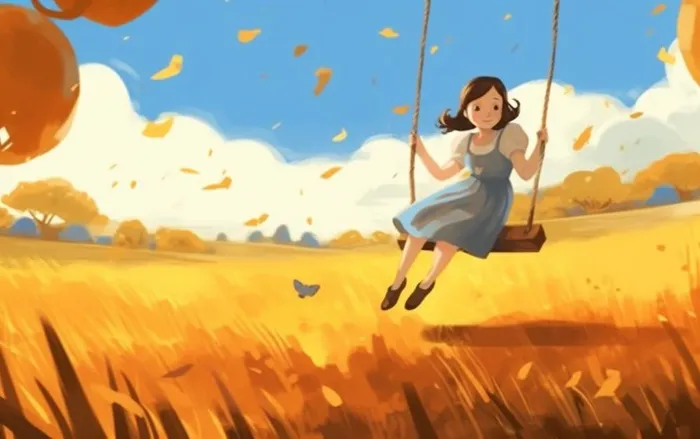 秋天女孩在树上荡秋千黄色落叶插画背景(1376x864)