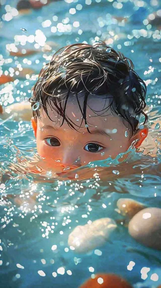 夏天儿童男孩水里游泳戏水，小暑大暑