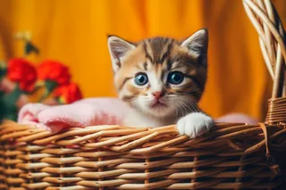 一只可爱的猫咪在编织篮里玩耍摄影图