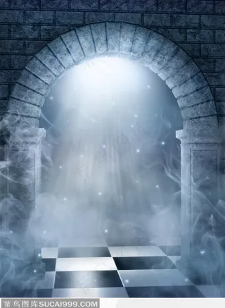 哥特式冰雪烟雾石质拱门潮流背景素材