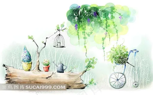 手绘等待单车恋人