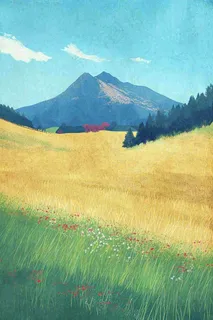 春天郊外绿地草地山脉石头插画手绘，惊蛰春分