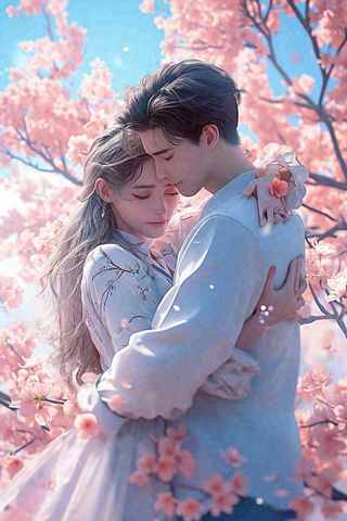 爱情情侣拥抱情人节浪漫粉色花朵，蓝天白云