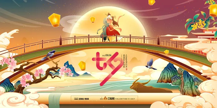 国潮七夕情人节牛郎织女鹊桥会插画