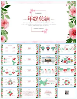 植物藤叶花卉文艺风年终总结ppt模板预览图