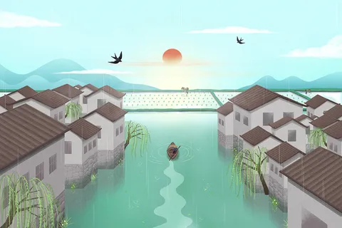 谷雨江南水乡手绘插画素材