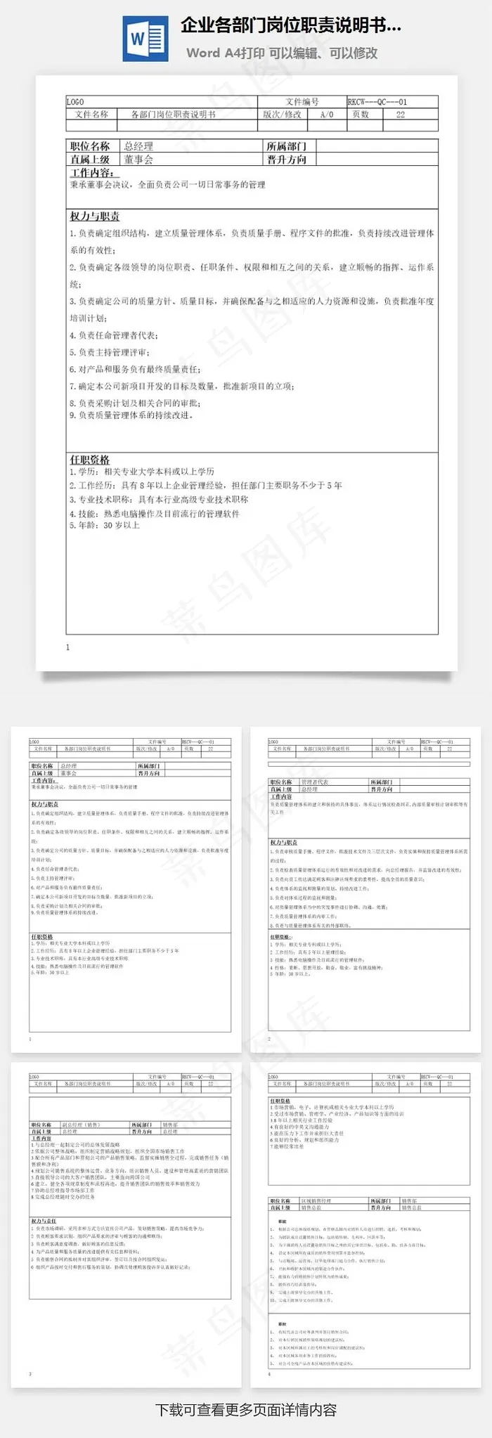 企业各部门岗位职责说明书大全Word文档