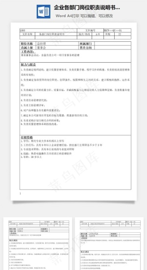企业各部门岗位职责说明书大全Word文档