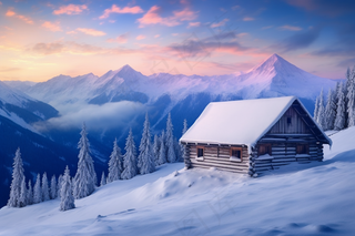 冬季落日雪山雪景木屋摄影图