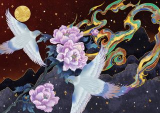 国潮鎏金复古烫金国风孔雀仙鹤装饰画素材PSD