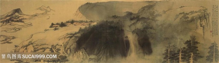 张大千手绘水墨风景画装饰画