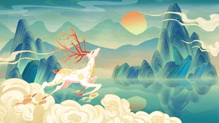 中国风国潮烫金仙鹤山水古建筑风景装饰插画背景PSD分层设计素材