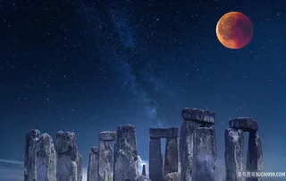 唯美红月亮巨石阵图片