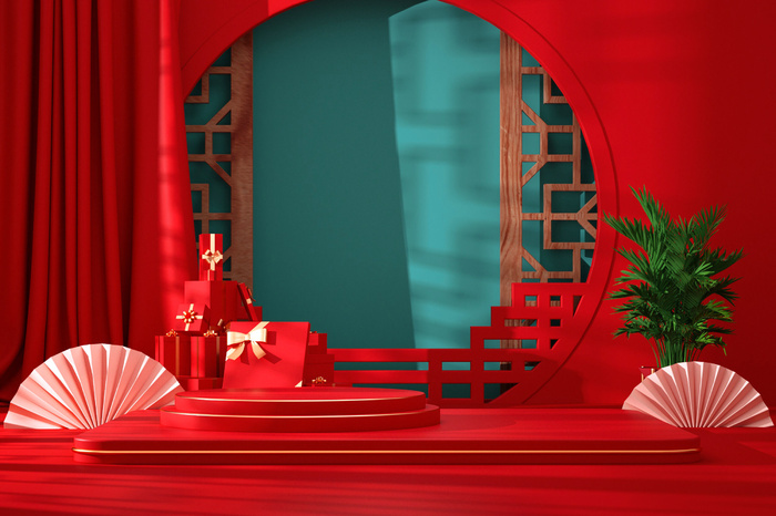 中国风古典喜庆C4D背景图3D国潮场景促销活动海报PSD设计素材模板