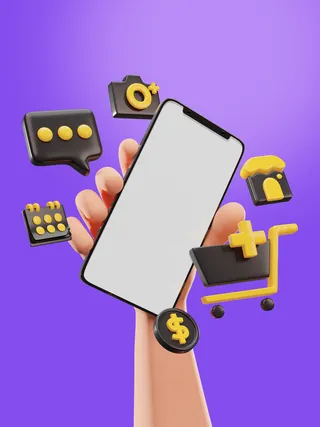 紫色右手手持苹果手机插画展示样机