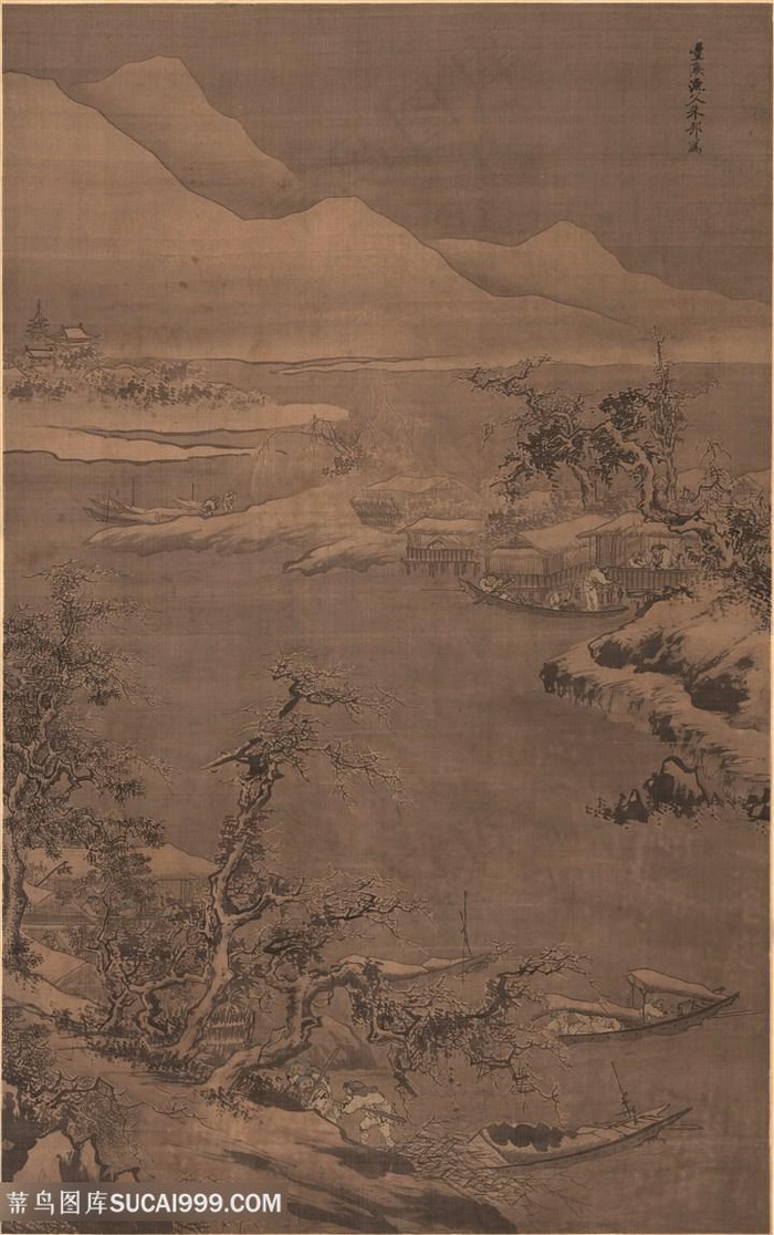明代朱邦作品寒江渔村图国画图片