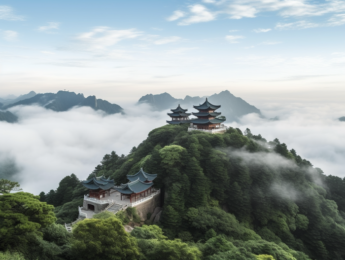 a tall building sitting on top of a lush green hillside, a picture inspired by Li Keran, unsplash contest winner, sōsaku hanga, the taoist temples of huangshan, chinese landscape, cafe in the clouds 