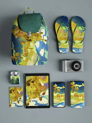 唯美国潮风中式外出旅游包智能贴图样机