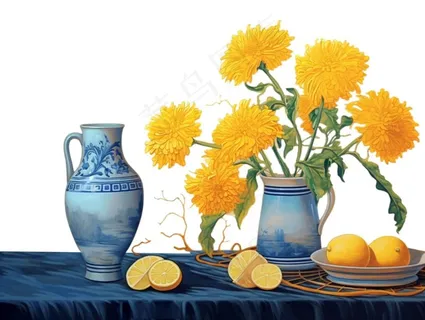 重阳黄色菊花花瓶饮茶插画免抠