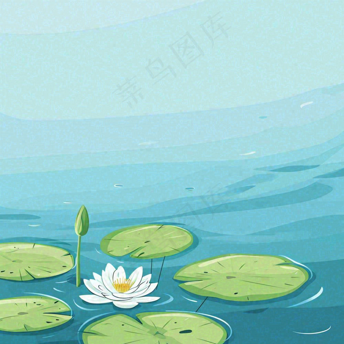 中国风夏日荷塘池白色荷花盛开手绘插画，立夏夏至大暑小暑(1024x1024)