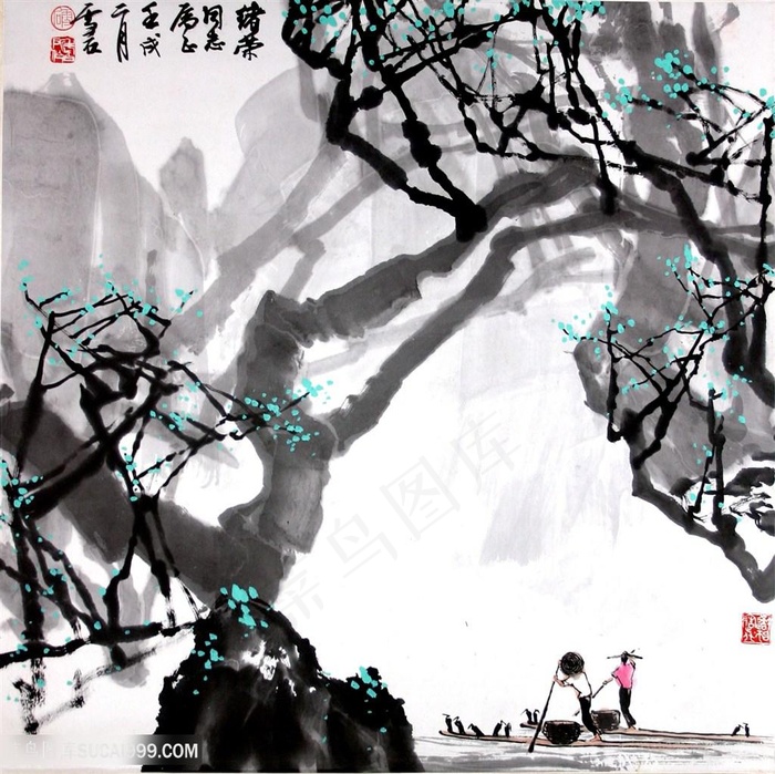 白雪石水墨风景画