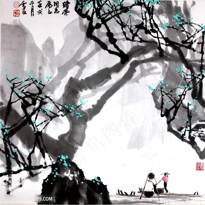 白雪石水墨风景画