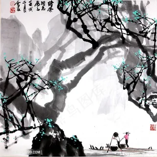 白雪石水墨风景画