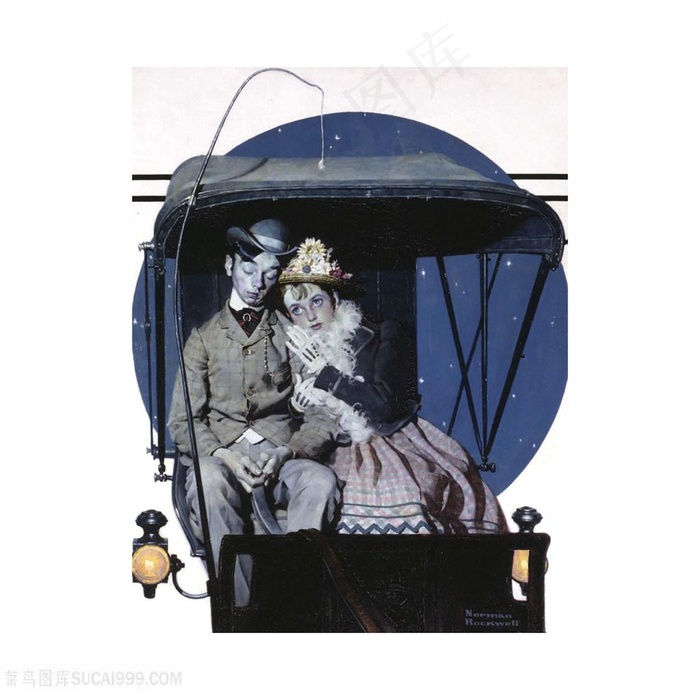 诺曼 · 洛克威尔手绘车内情侣风景画