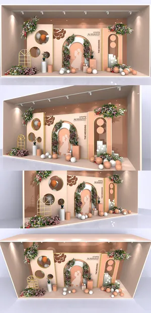 浪漫香槟色婚礼迎宾区橱窗美陈婚礼美陈