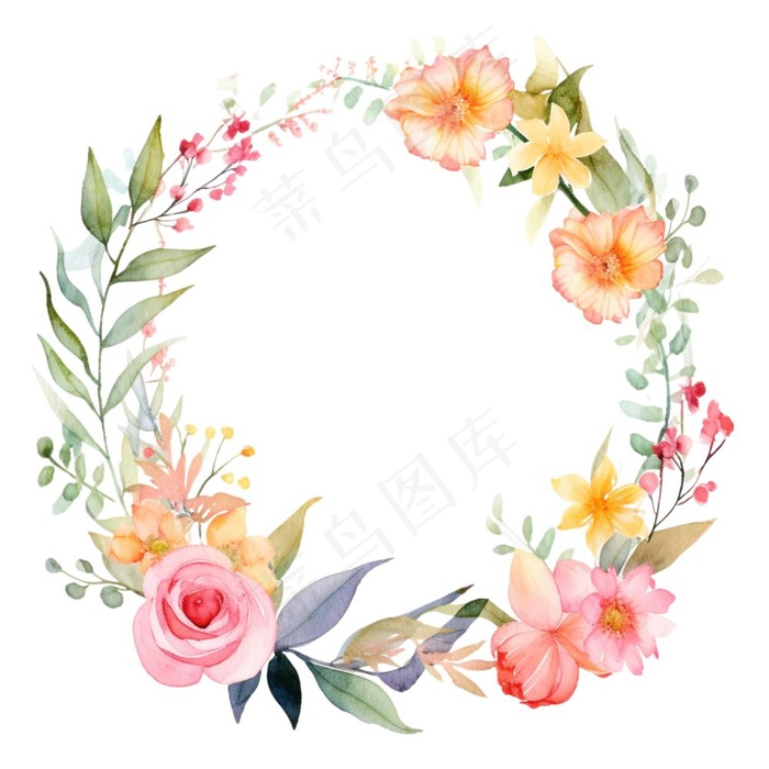 花环鲜花植物水彩插画免抠(1024x1024)