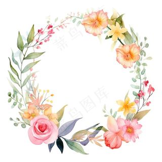 花环鲜花植物水彩插画免抠