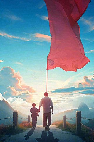 蓝天白云下行走背影，父亲节父爱温馨