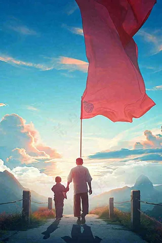 蓝天白云下行走背影，父亲节父爱温馨