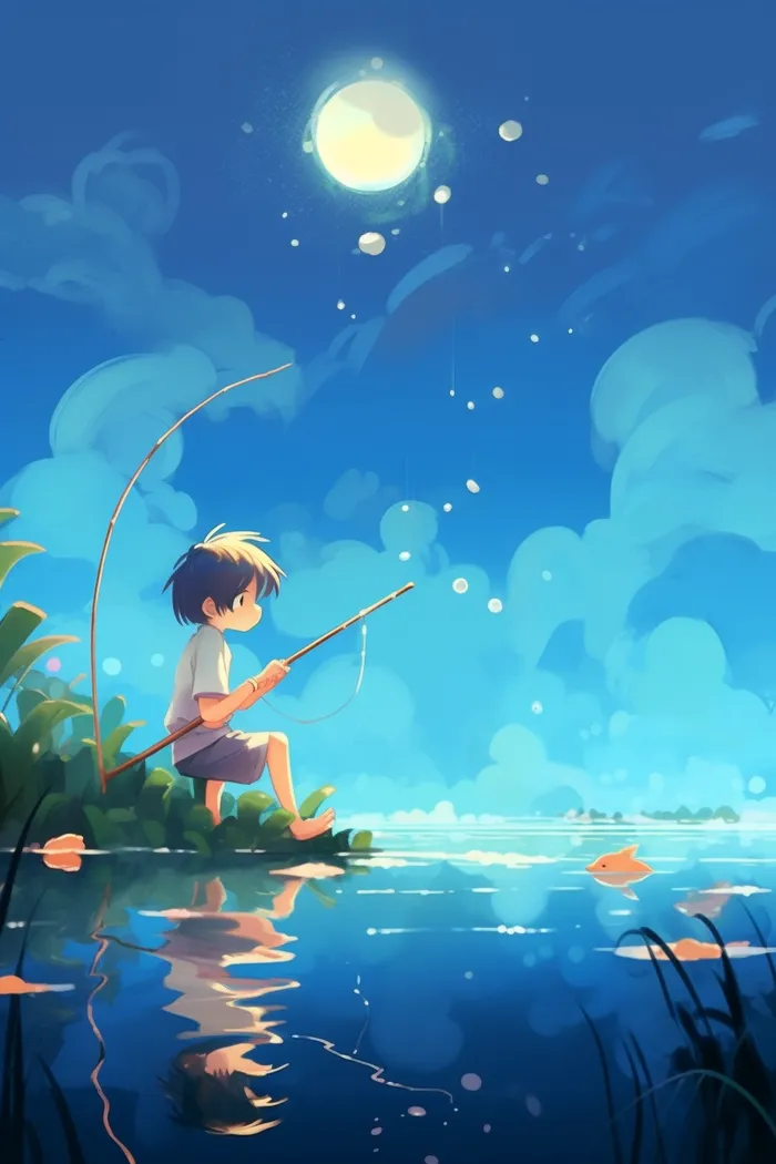 夏日插画男孩在河流湖泊钓鱼背景(x)