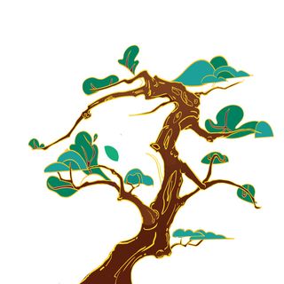 国潮风松树松枝松柏树木手绘植物装饰图案元素PSD设计素材