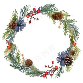 花环圣诞花环松球水彩免抠