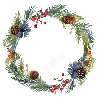 花环圣诞花环松球水彩免抠